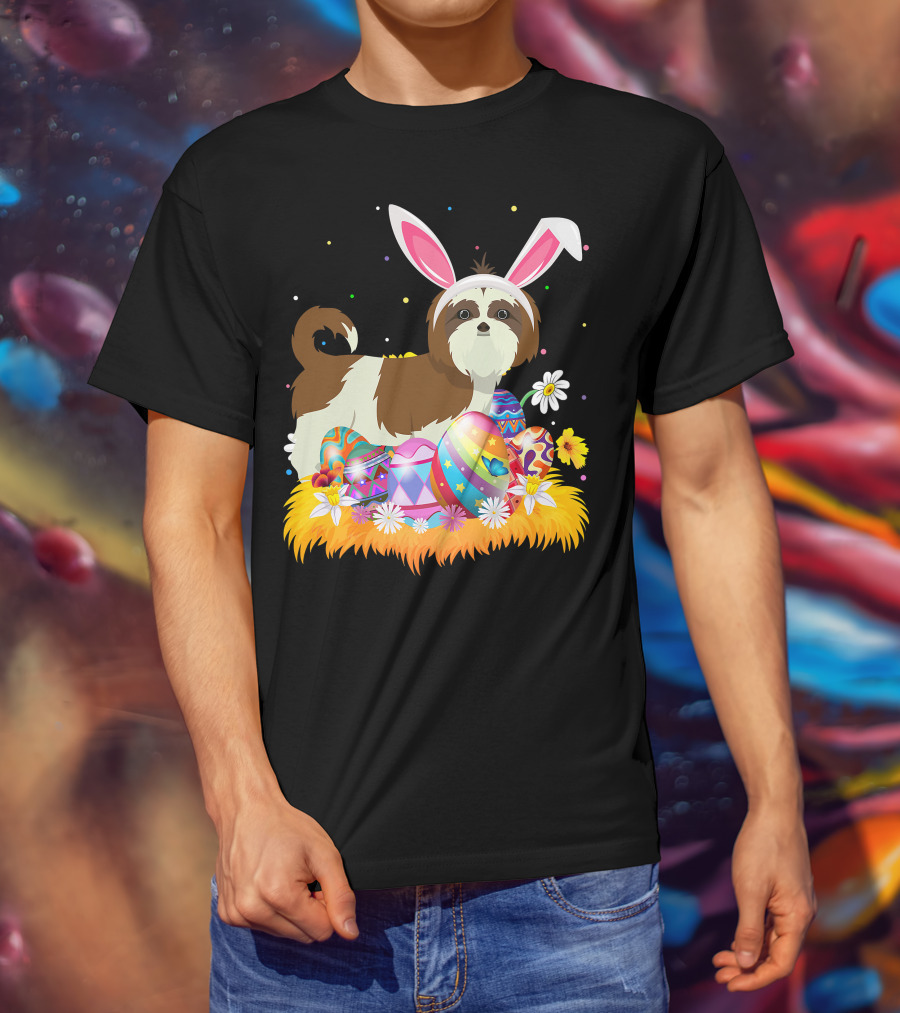 Shih Tzu Bunny Ears With Colorful Easter Eggs And Flowers For Easter Sunday T-Shirt