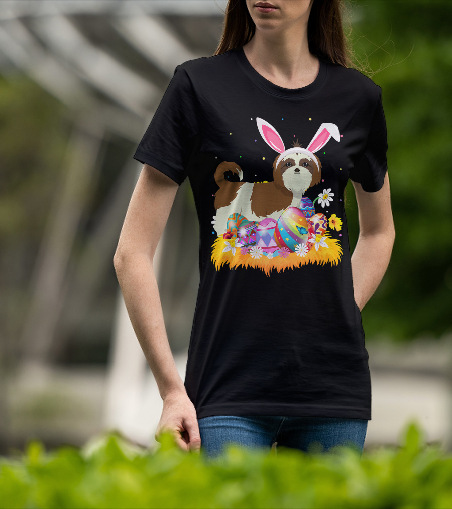 Shih Tzu Bunny Ears With Colorful Easter Eggs And Flowers For Easter Sunday T-Shirt