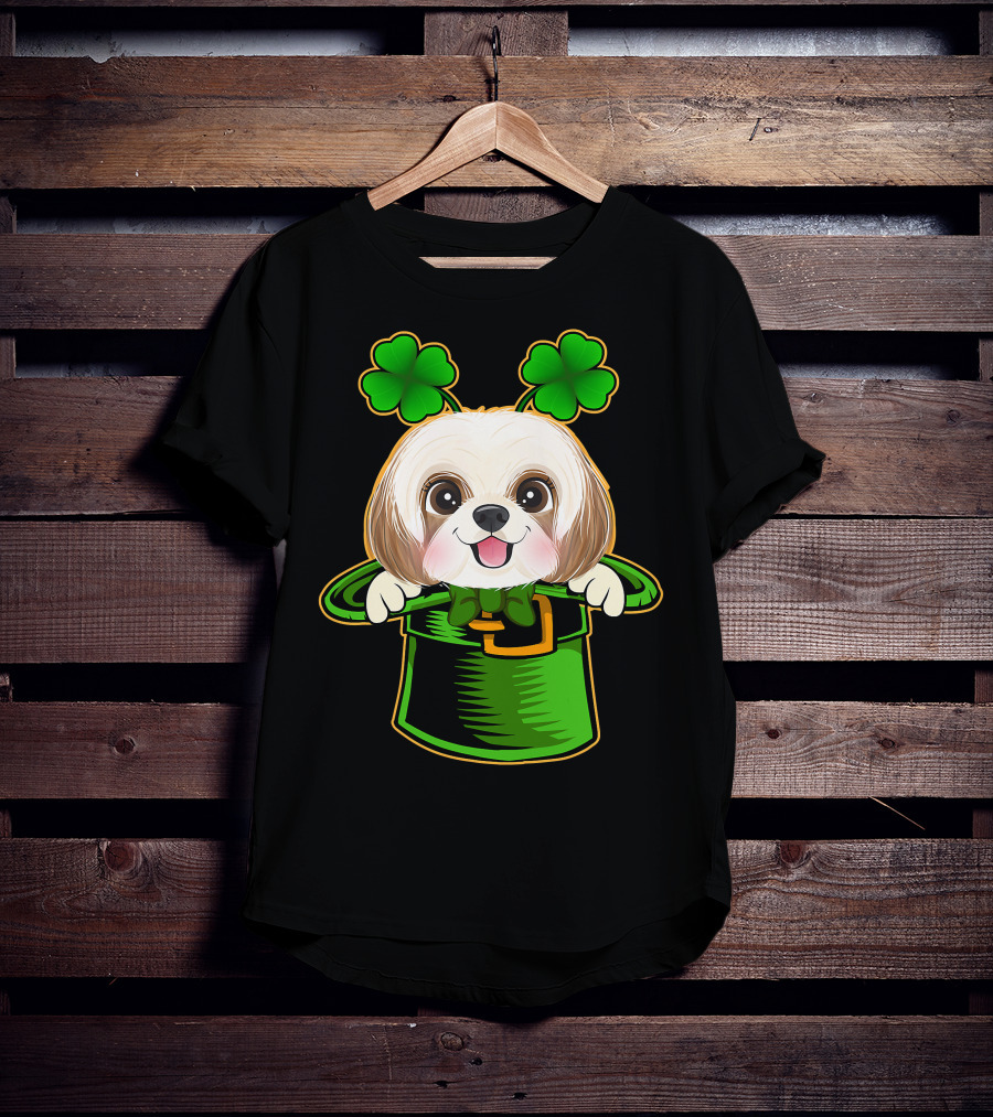 Leprechaun Hat Shih Tzu Dog With Green Clover Antennae T-Shirt