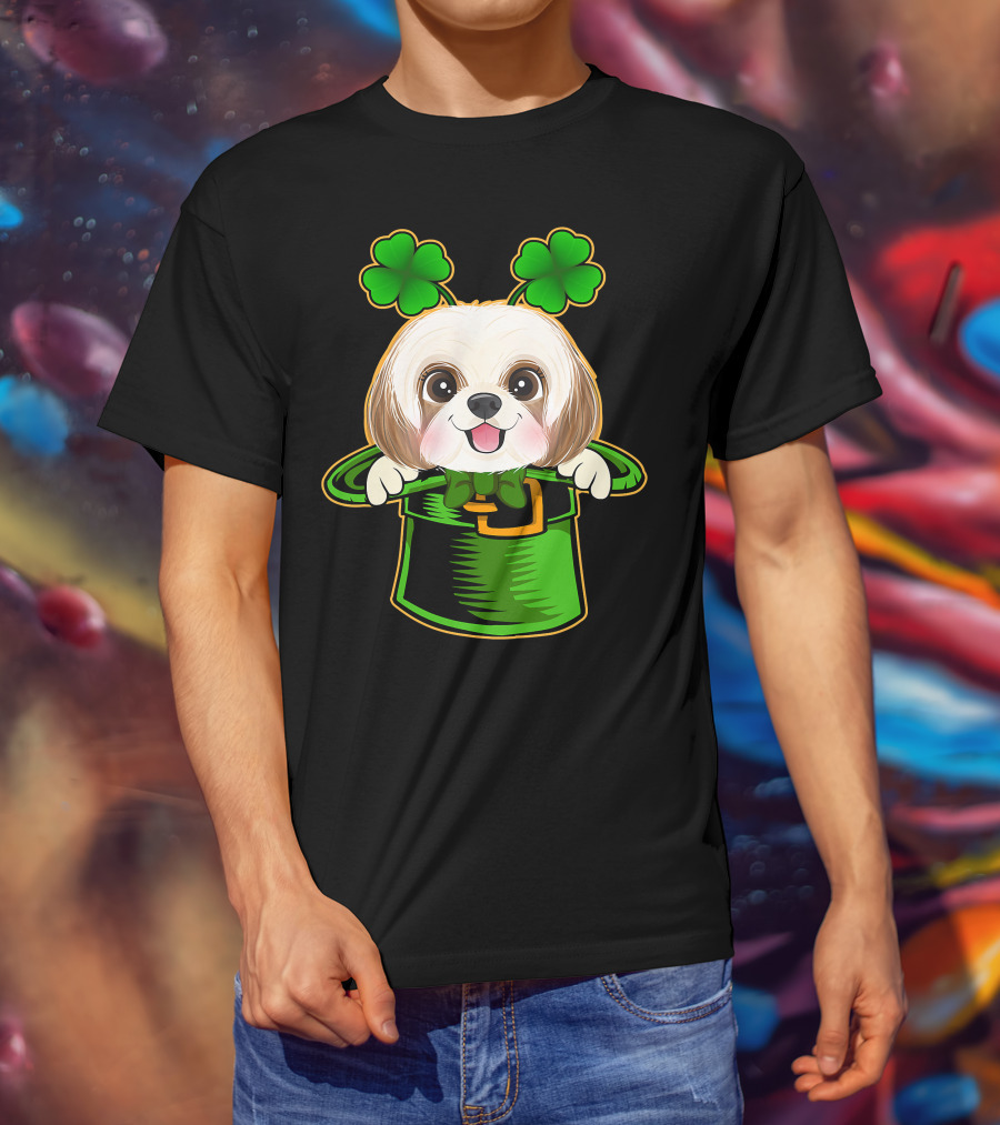 Leprechaun Hat Shih Tzu Dog With Green Clover Antennae T-Shirt