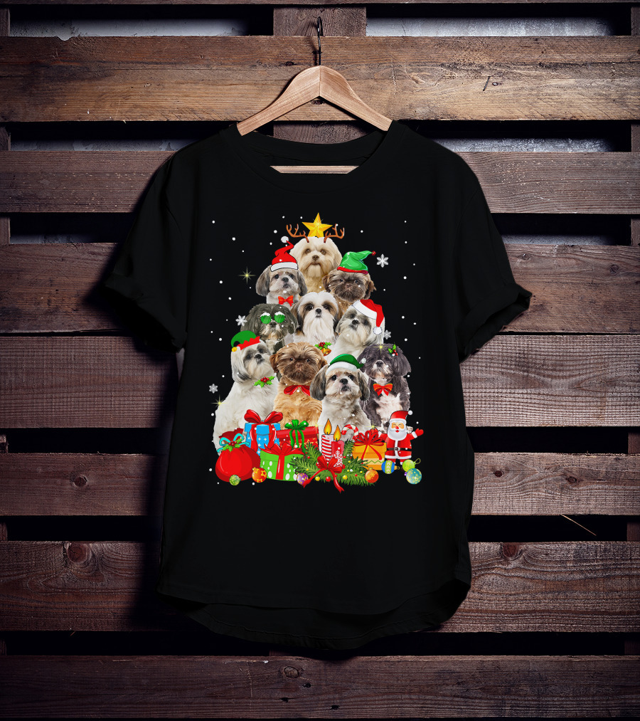 Shih Tzu Christmas Tree With Holiday Lights And Puppy Dogs T-Shirt