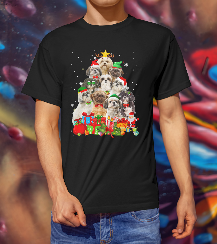 Shih Tzu Christmas Tree With Holiday Lights And Puppy Dogs T-Shirt