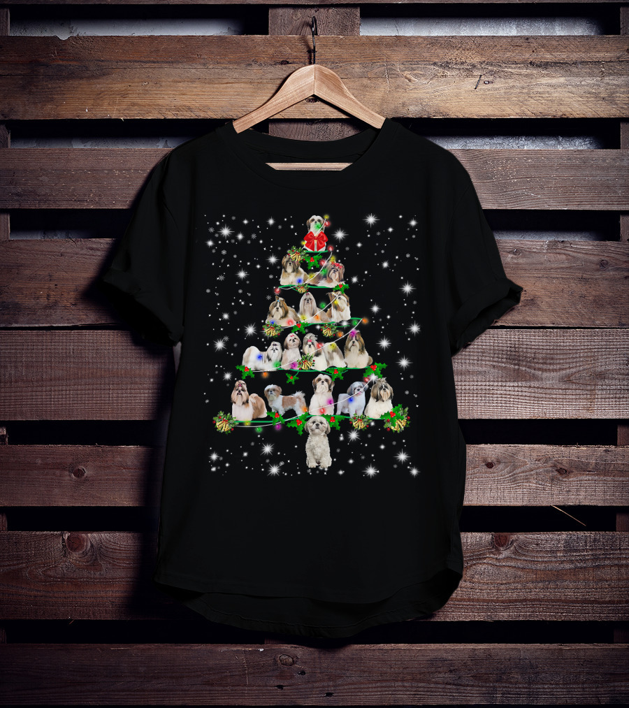 Shih Tzu Christmas Tree Ornament Decor With Dogs In Festive Holiday T-Shirt