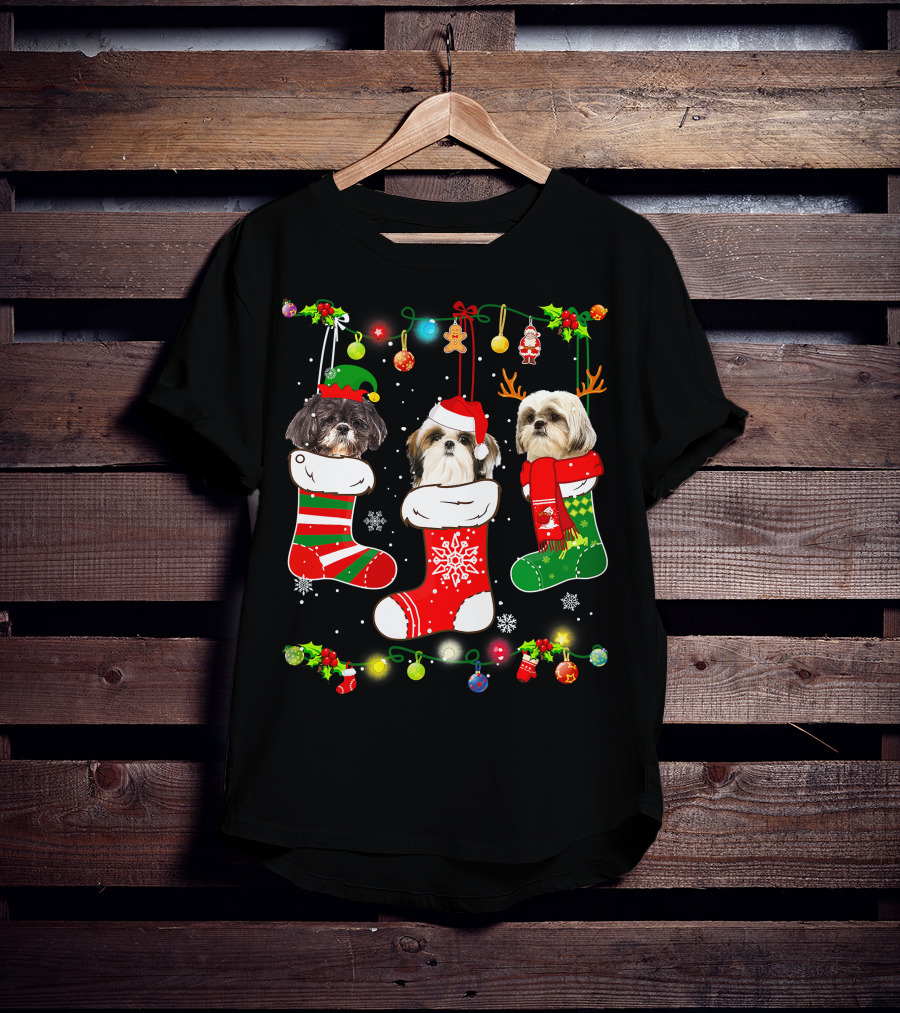 Shih Tzu Dogs In Christmas Stockings With Santa Hats And Christmas Lights T-Shirt