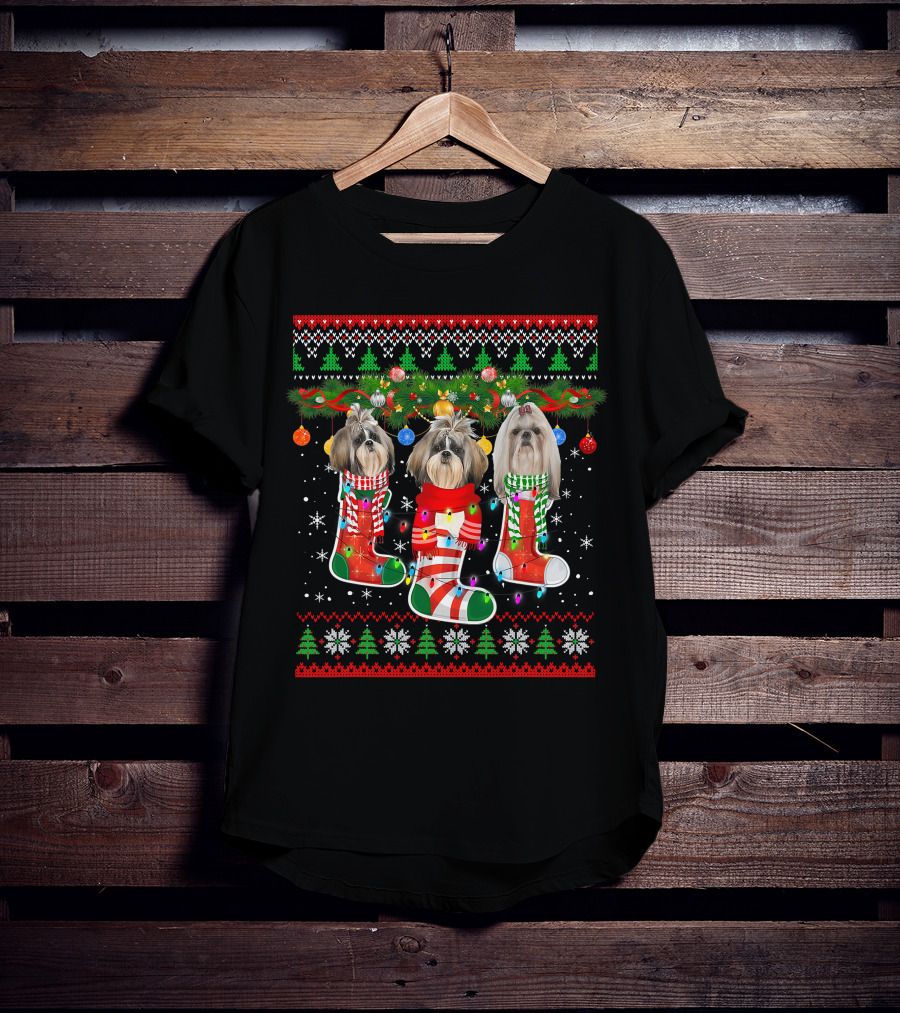 Shih Tzu Dogs Christmas Holiday Socks With Lights And Ornaments T-Shirt