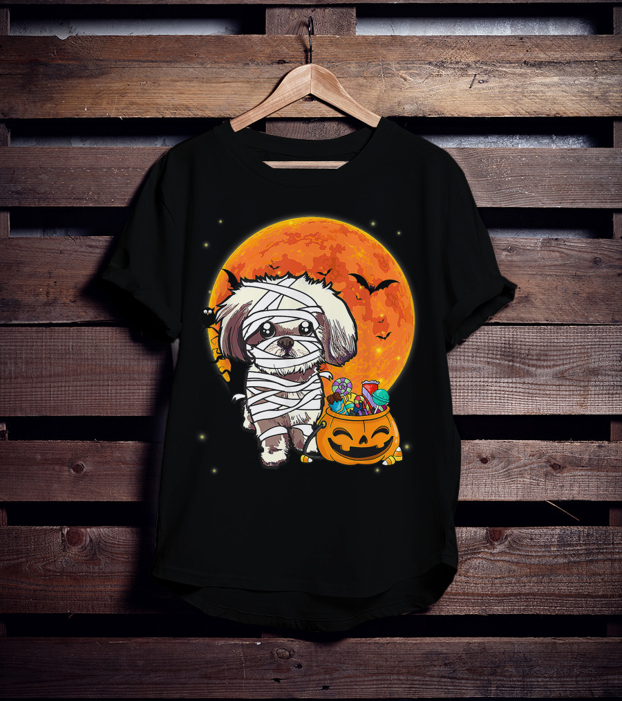 Shih Tzu Mummy Halloween Costume With Pumpkin Candy Bucket And Full Moon T-Shirt