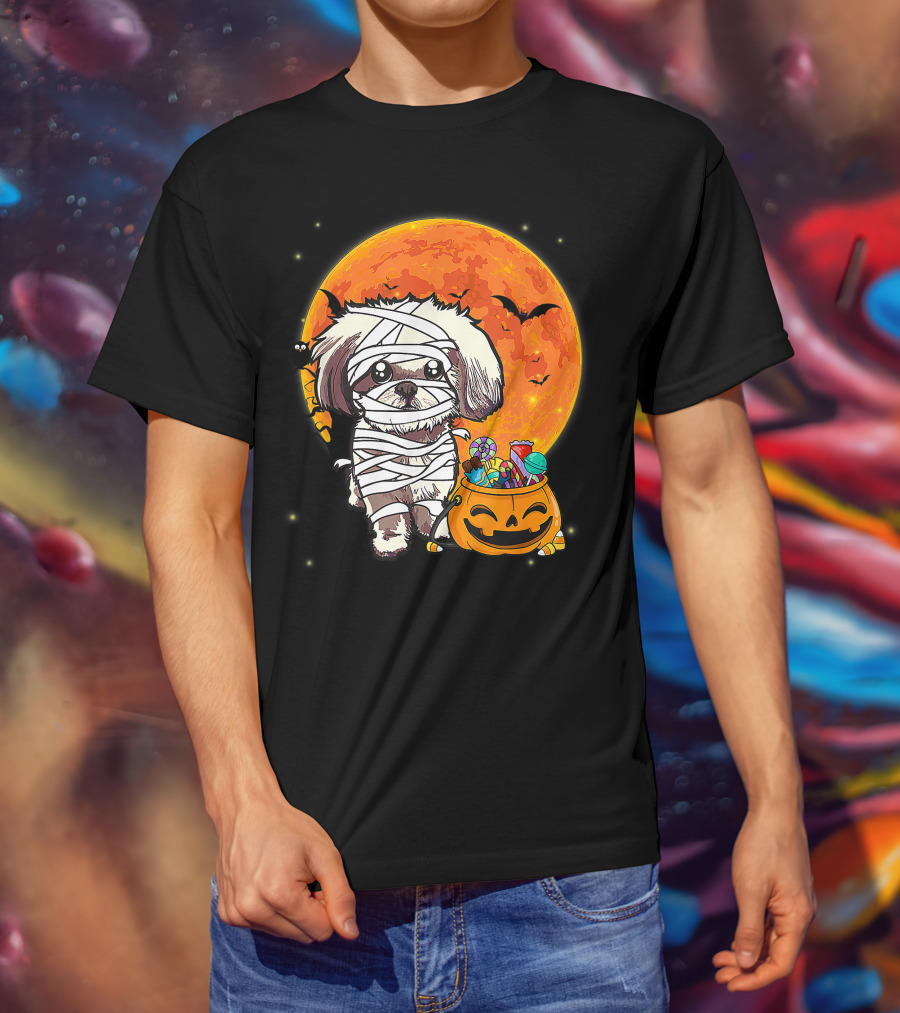 Shih Tzu Mummy Halloween Costume With Pumpkin Candy Bucket And Full Moon T-Shirt