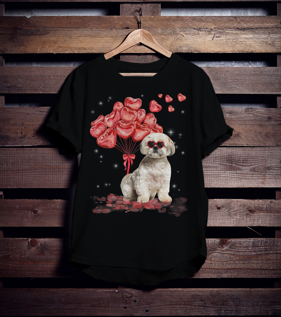 Shih Tzu Heart Balloons Funny Valentines Day Dog Dad Mom T-Shirt