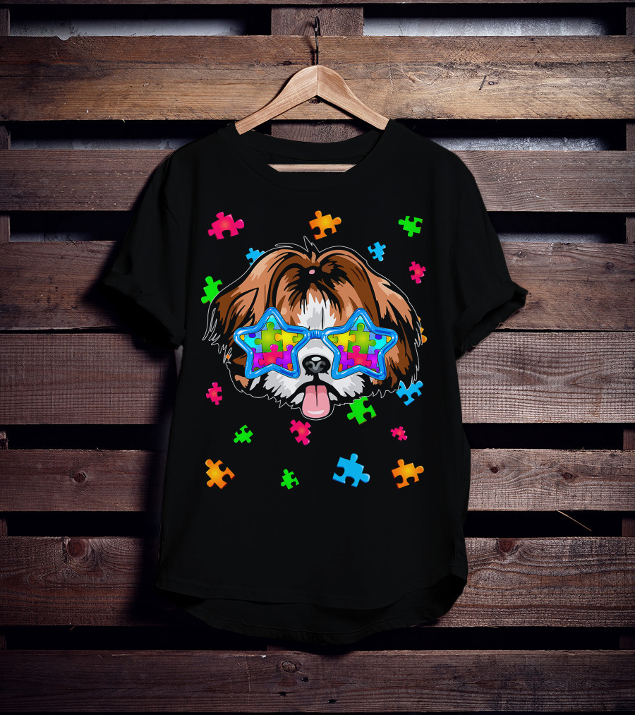 Funny Shih Tzu Star Glasses Puzzle Autism Awareness T-Shirt