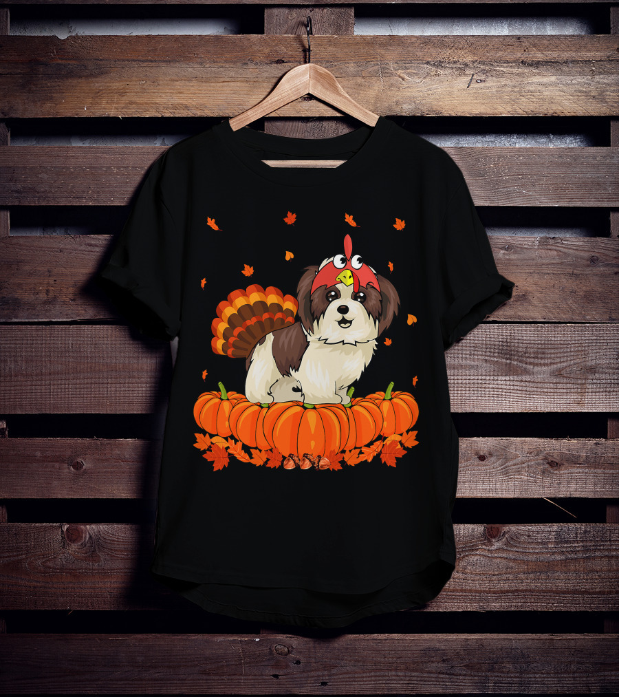 Shih Tzu Dressed As Turkey With Pumpkins And Autumn Leaves Thanksgiving Fun T-Shirt