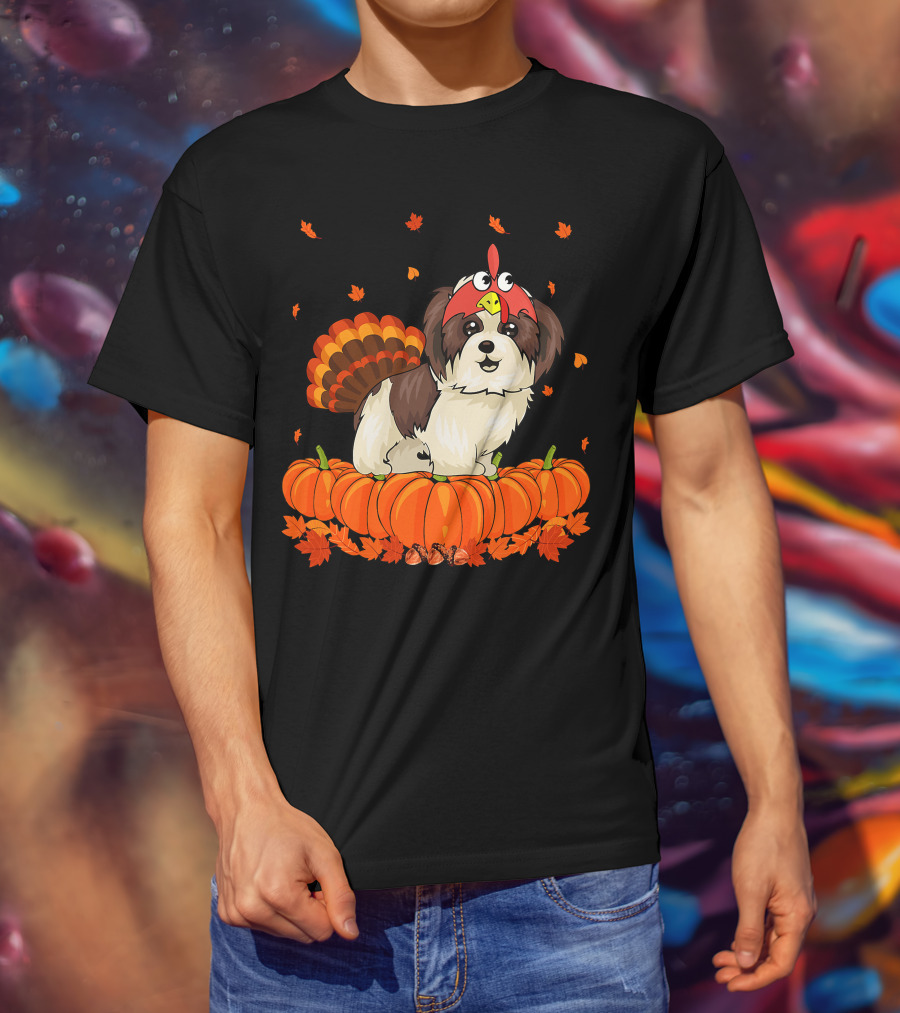 Shih Tzu Dressed As Turkey With Pumpkins And Autumn Leaves Thanksgiving Fun T-Shirt