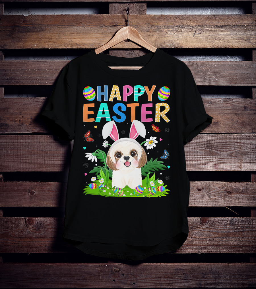 Happy Easter Bunny Shih Tzu Dog With Easter Eggs And Butterflies T-Shirt