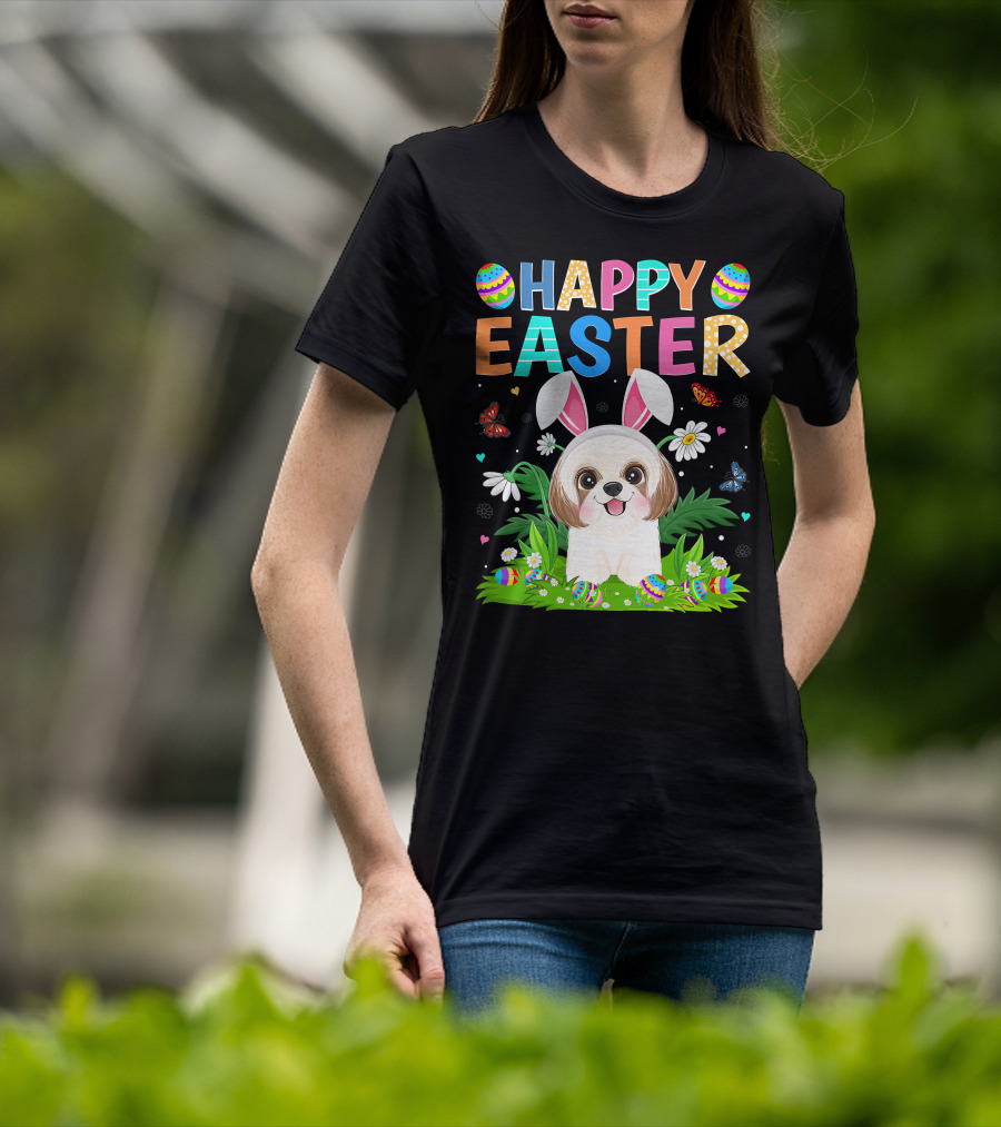 Happy Easter Bunny Shih Tzu Dog With Easter Eggs And Butterflies T-Shirt