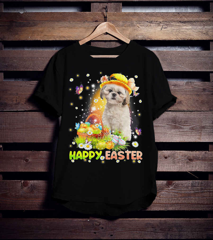 Happy Easter Cute Bunny Dog Shih Tzu With Eggs Basket And Butterflies T-Shirt