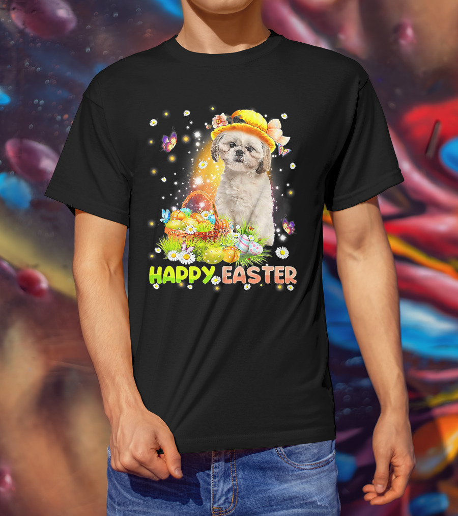 Happy Easter Cute Bunny Dog Shih Tzu With Eggs Basket And Butterflies T-Shirt