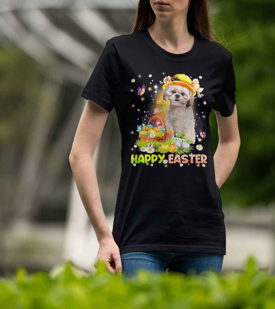 Happy Easter Cute Bunny Dog Shih Tzu With Eggs Basket And Butterflies T-Shirt