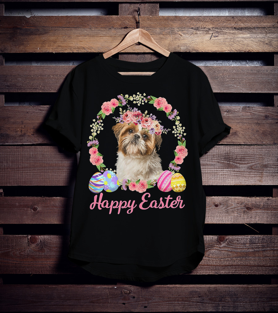Happy Easter Shih Tzu Dog Flower Wreath With Decorative Eggs T-Shirt