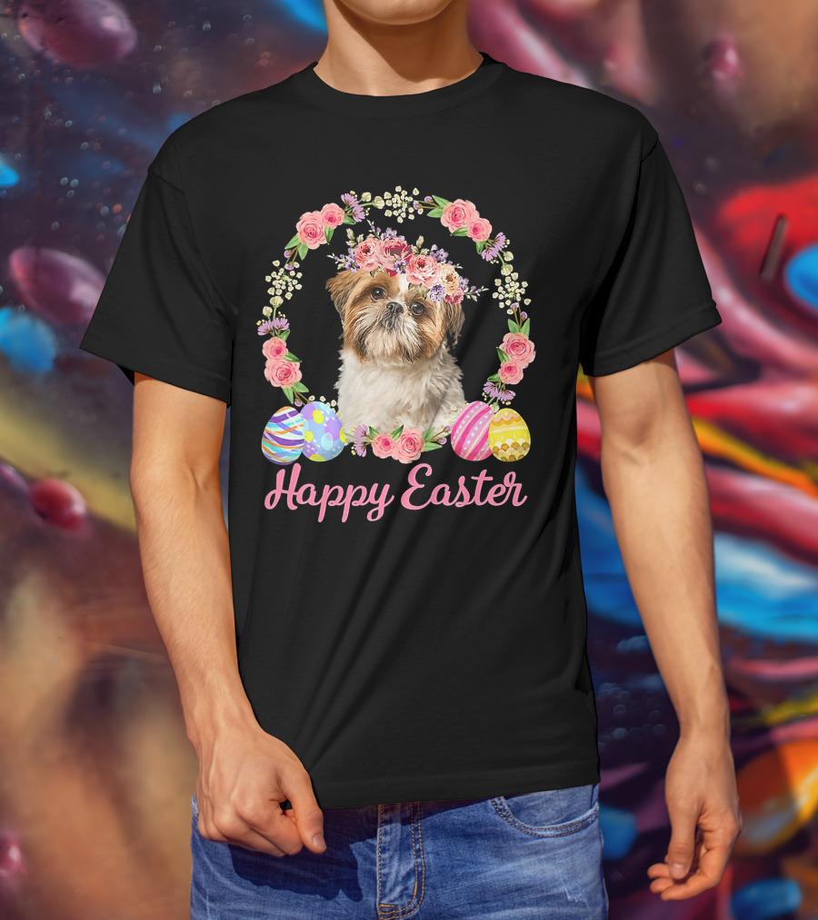 Happy Easter Shih Tzu Dog Flower Wreath With Decorative Eggs T-Shirt