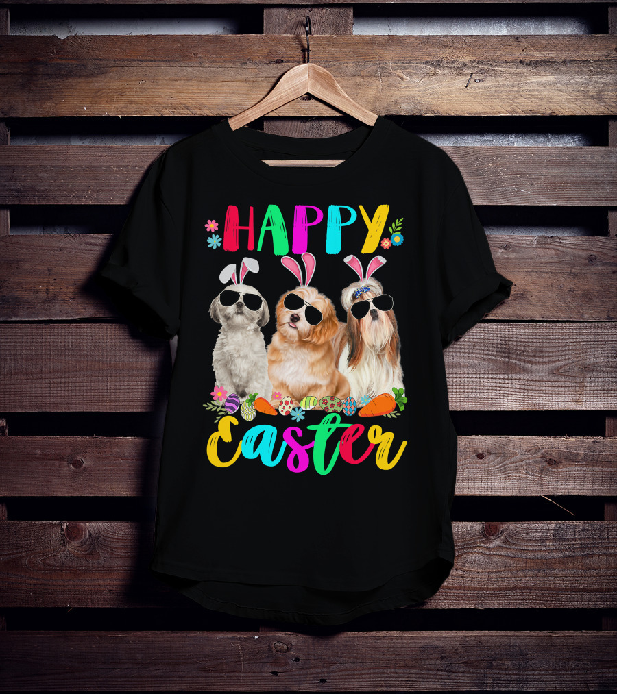 Happy Easter Three Shih Tzu Dogs With Bunny Ears And Sunglasses Eggs Carrots T-Shirt