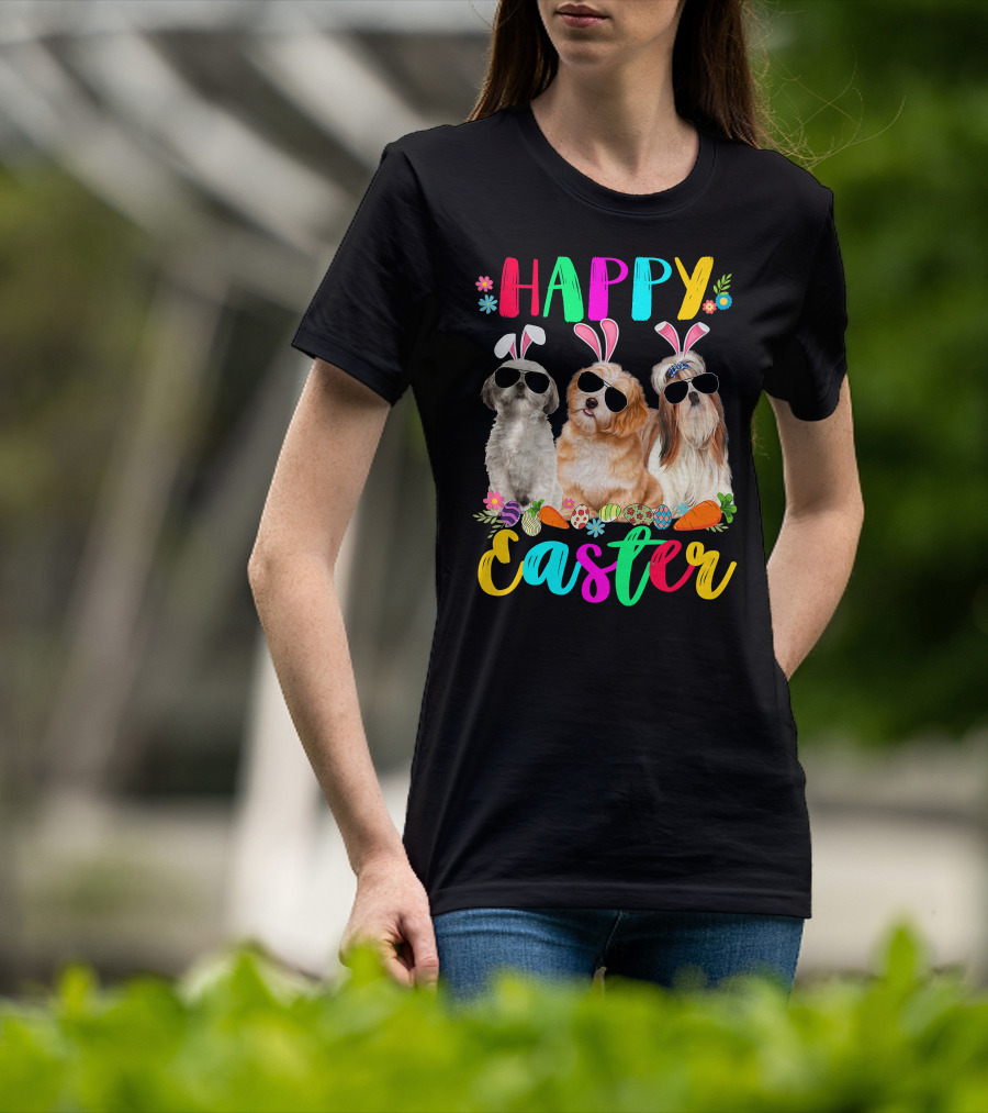 Happy Easter Three Shih Tzu Dogs With Bunny Ears And Sunglasses Eggs Carrots T-Shirt