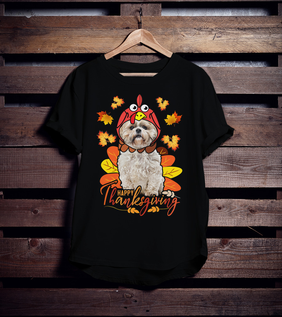 Happy Thanksgiving Shih Tzu Dog In Turkey Costume With Autumn Leaves T-Shirt