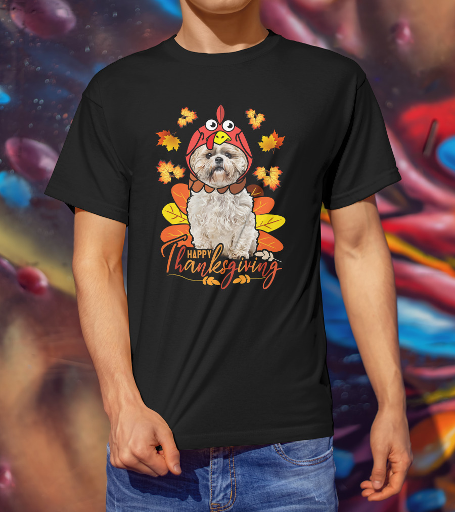 Happy Thanksgiving Shih Tzu Dog In Turkey Costume With Autumn Leaves T-Shirt
