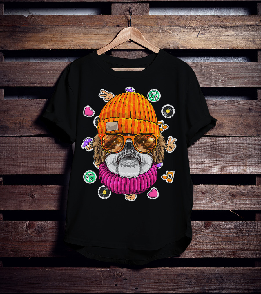 Hipster Shih Tzu With Glasses And Beanie Surrounded By Love Peace And Music Icons T-Shirt