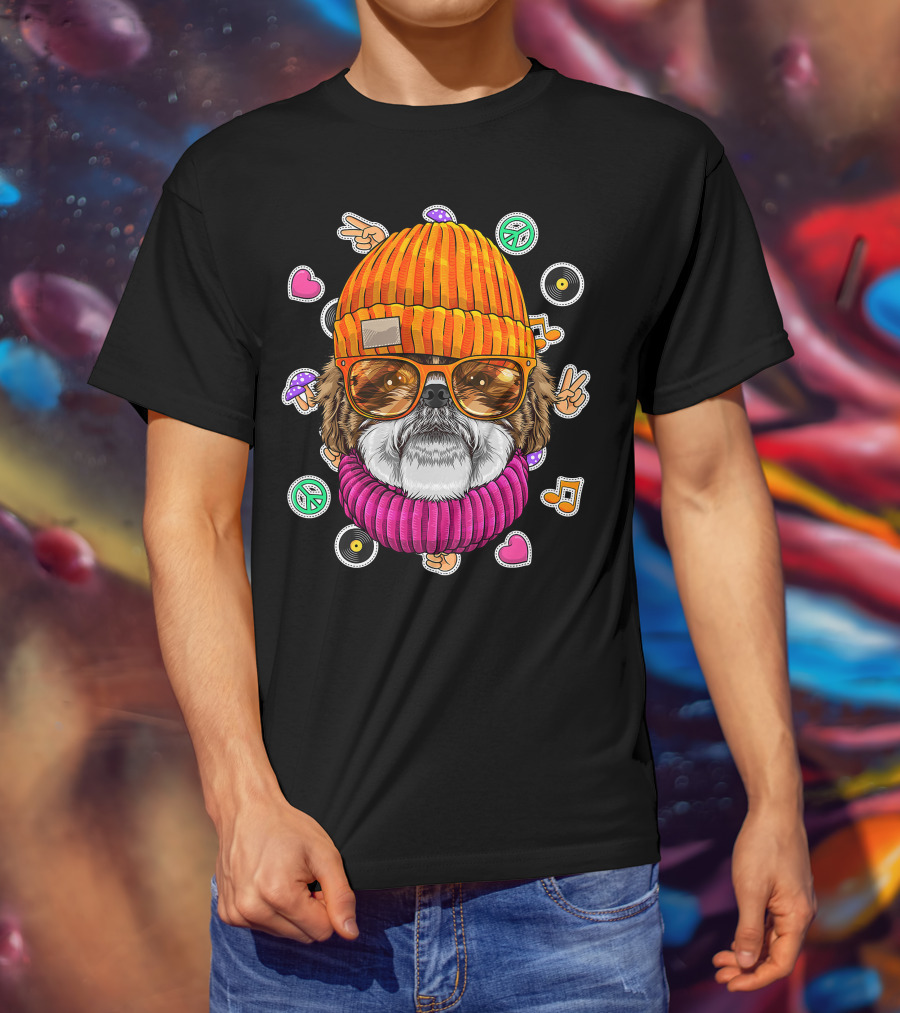 Hipster Shih Tzu With Glasses And Beanie Surrounded By Love Peace And Music Icons T-Shirt
