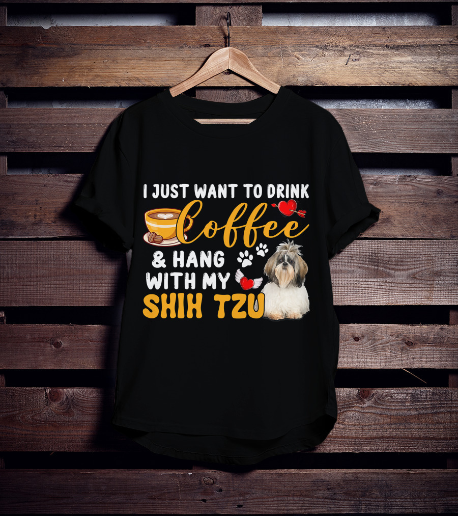 Coffee Lover Shih Tzu With Hearts And Wings T-Shirt