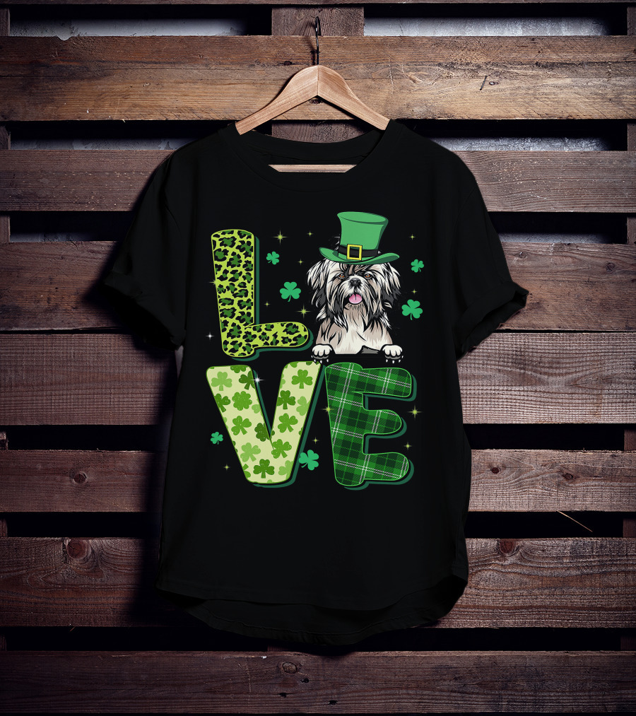 Love Shih Tzu Leopard Plaid Shamrock St Patrick's Day T-Shirt