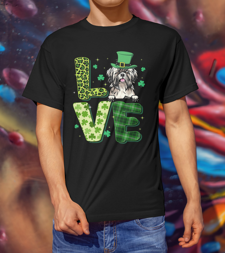 Love Shih Tzu Leopard Plaid Shamrock St Patrick's Day T-Shirt