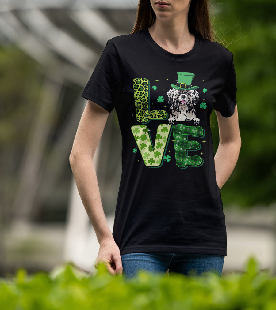 Love Shih Tzu Leopard Plaid Shamrock St Patrick's Day T-Shirt