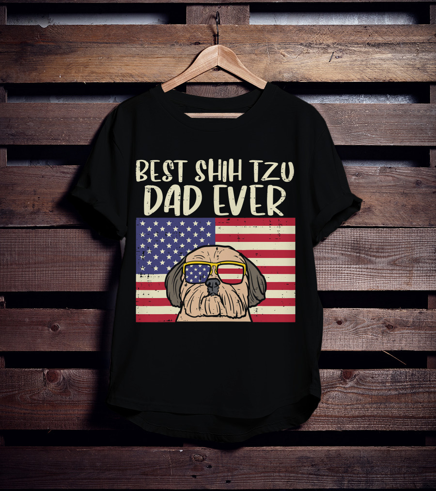 Best Shih Tzu Dad Ever US Flag Patriotic Dog Sunglasses T-Shirt