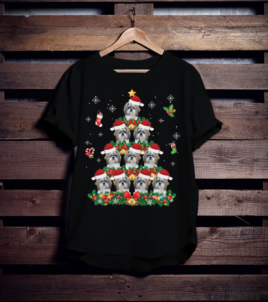 Merry Christmas Shih Tzu Santa Hat Dog Tree Pajama Swe T-Shirt