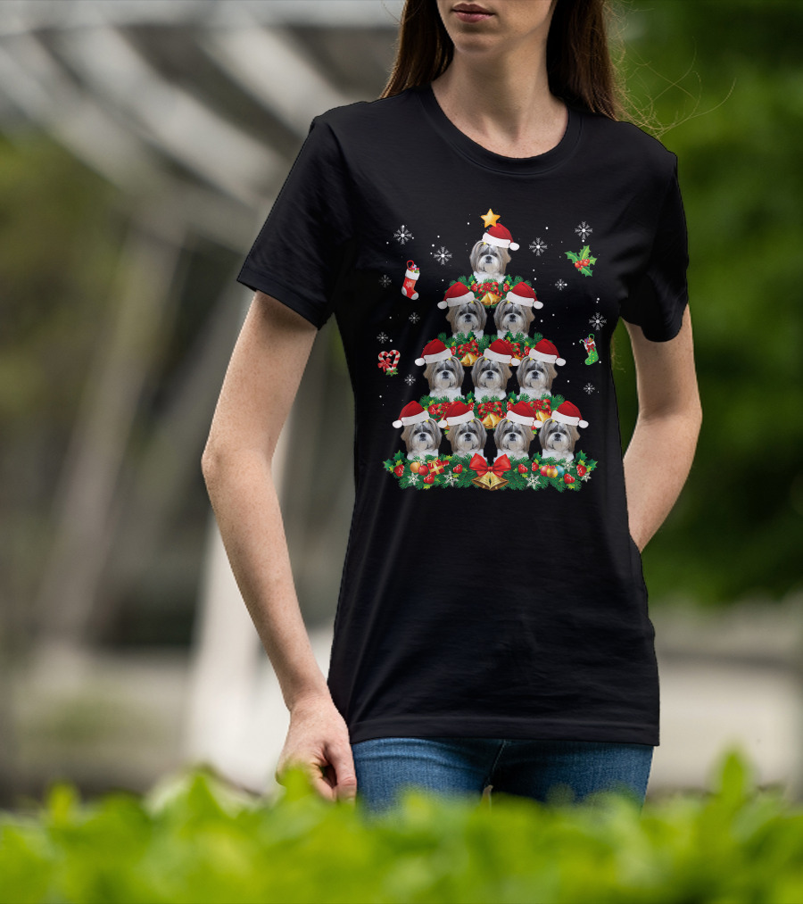 Merry Christmas Shih Tzu Santa Hat Dog Tree Pajama Swe T-Shirt