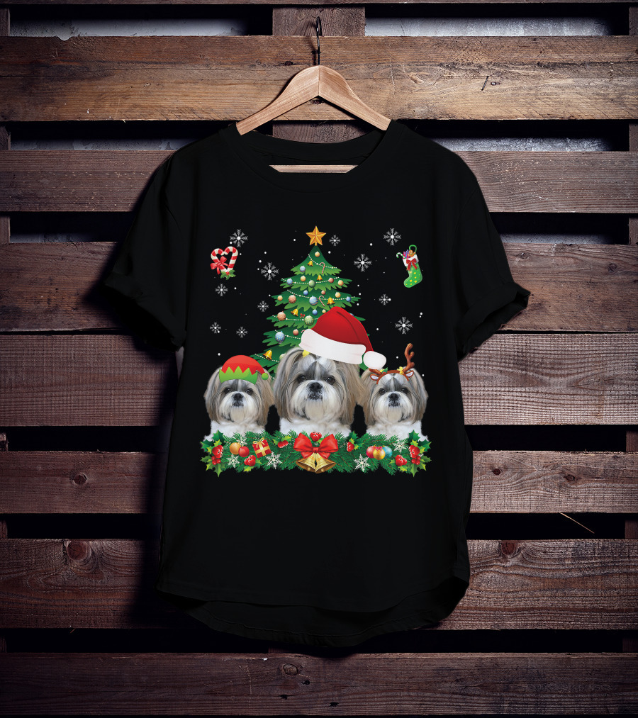 Merry Dogmas Shih Tzu Santa Elf Reindeer Christmas Tree T-Shirt