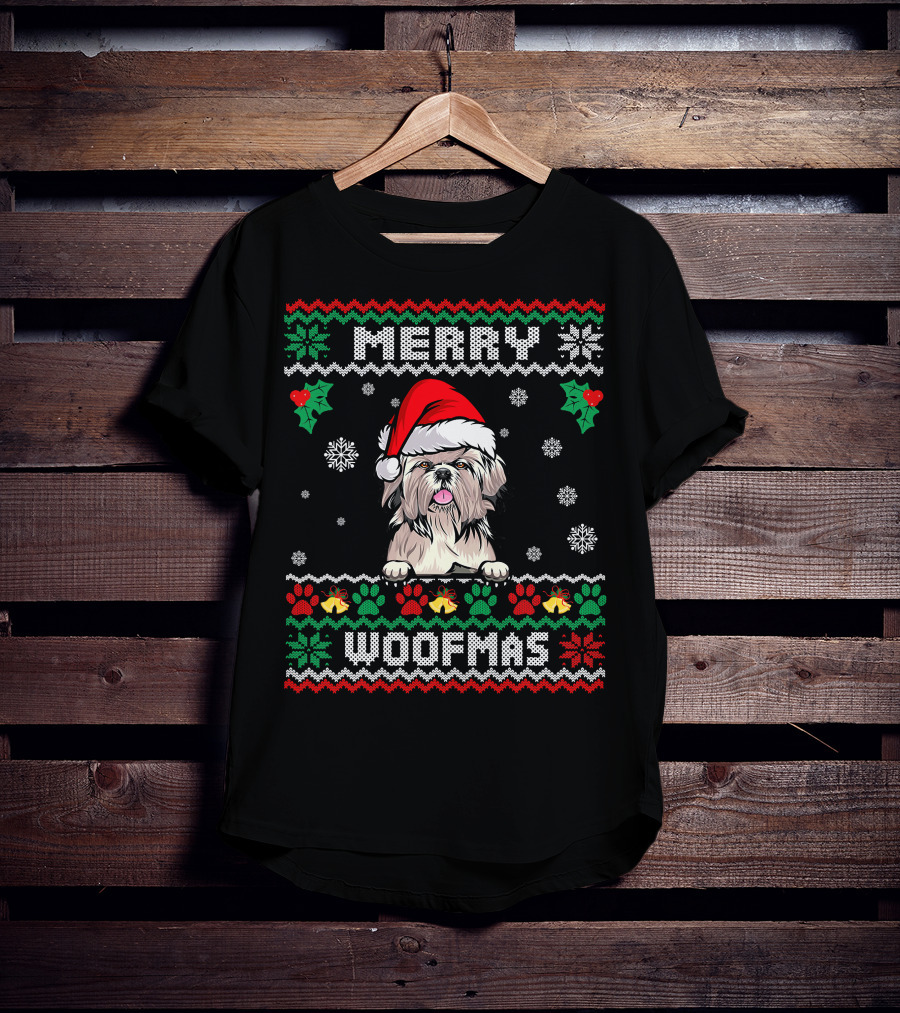 Merry Woofmas Shih Tzu Dog In Santa Hat With Christmas Patterns And Paw Print Snowflakes T-Shirt