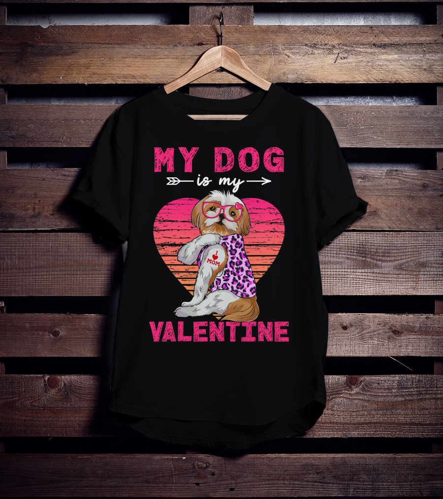 My Dog Valentine Shih Tzu Leopard Heart Glasses Mom Tattoo T-Shirt