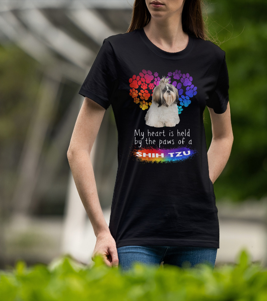 My Heart Is Held By The Paws Of A Shih Tzu Rainbow Paws T-Shirt