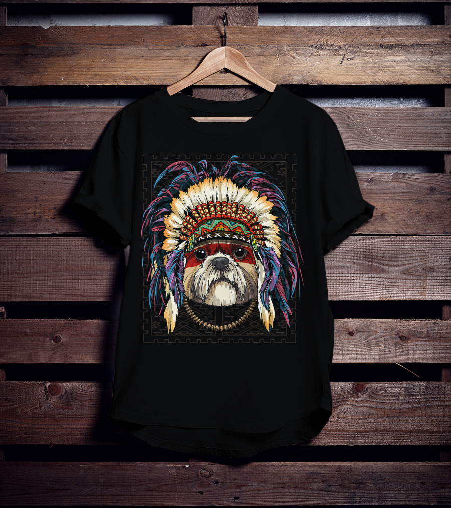 Native Indian Shih Tzu Dog In Traditional American Indian Headdress T-Shirt