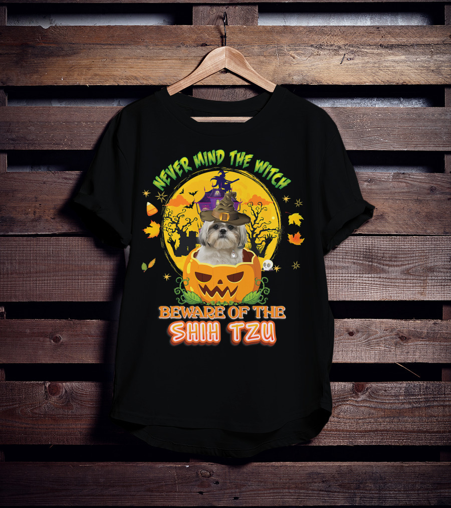 Never Mind The Witch Beware Of The Shih Tzu Halloween Pumpkin Dog With Witch Hat T-Shirt