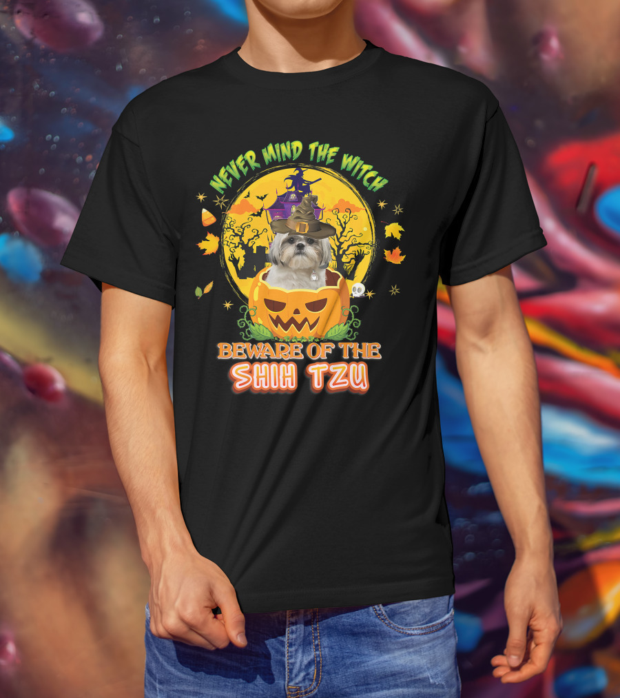 Never Mind The Witch Beware Of The Shih Tzu Halloween Pumpkin Dog With Witch Hat T-Shirt