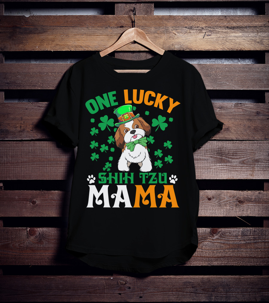 One Lucky Shih Tzu Mama St Patricks Day Green Hat Shamrocks T-Shirt