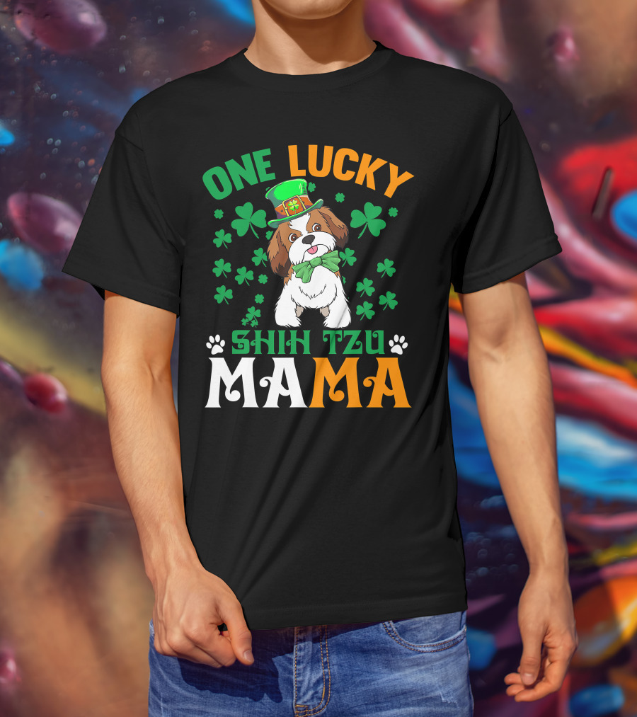 One Lucky Shih Tzu Mama St Patricks Day Green Hat Shamrocks T-Shirt