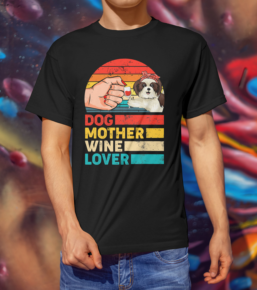 Dog Mother Wine Lover Shih Tzu Retro T-Shirt