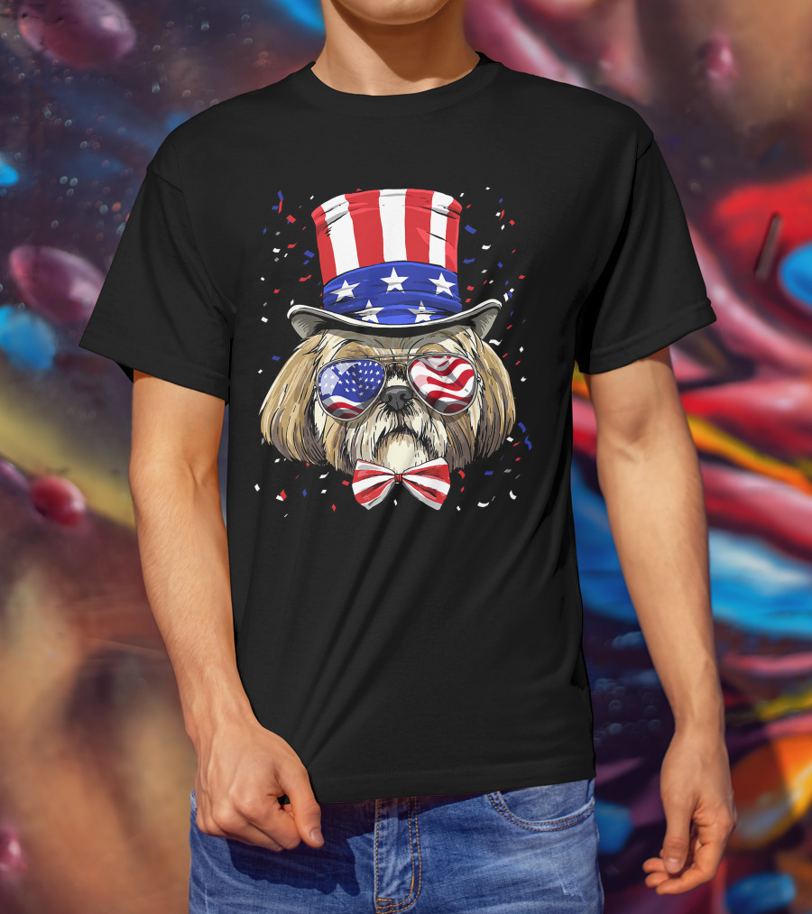 Shih Tzu Fourth Of July American Dog In USA Flag Hat And Glasses T-Shirt