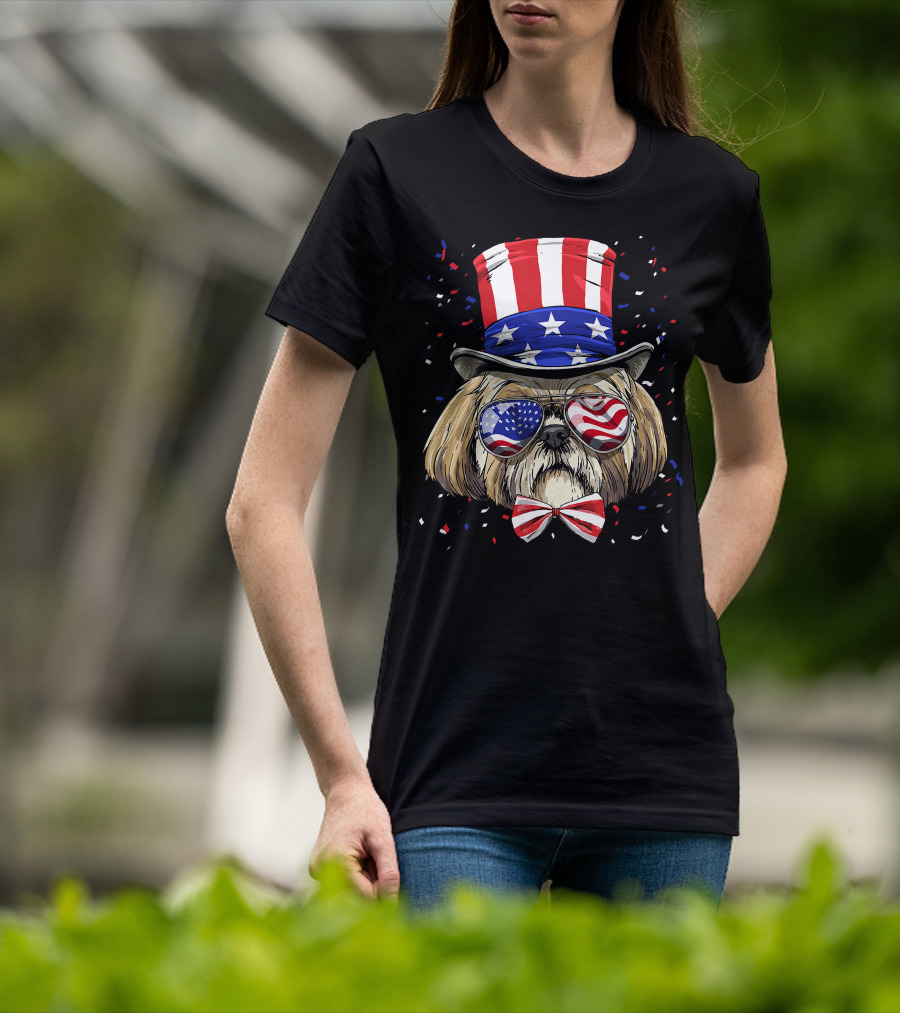 Shih Tzu Fourth Of July American Dog In USA Flag Hat And Glasses T-Shirt