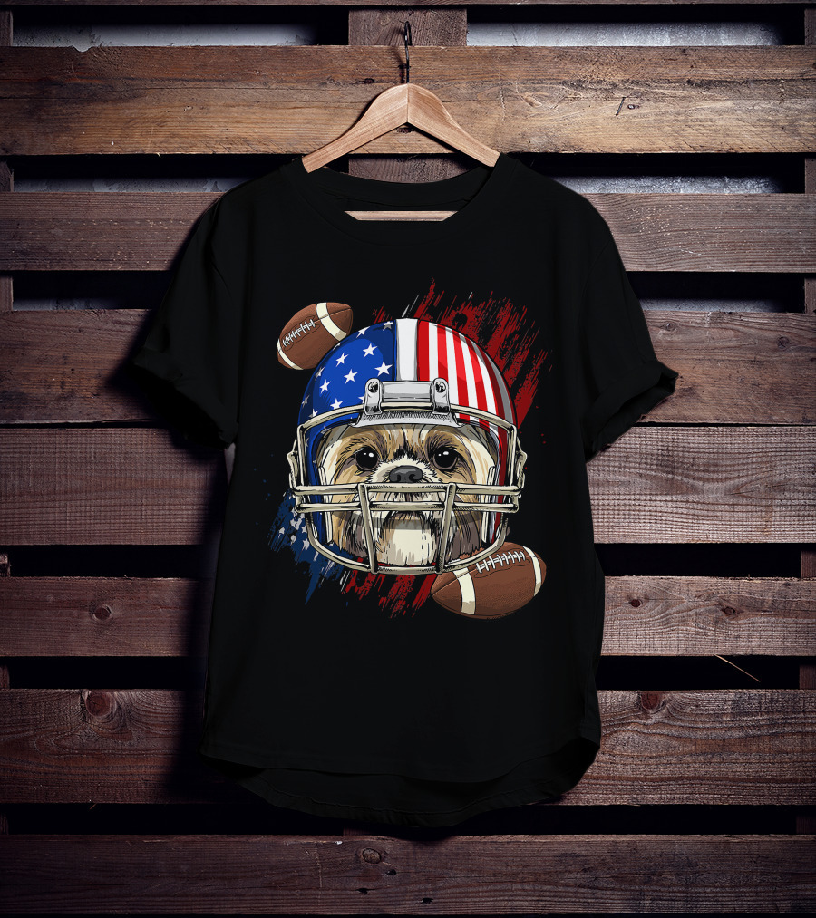 Shih Tzu In American Football Helmet With USA Flag And Footballs T-Shirt