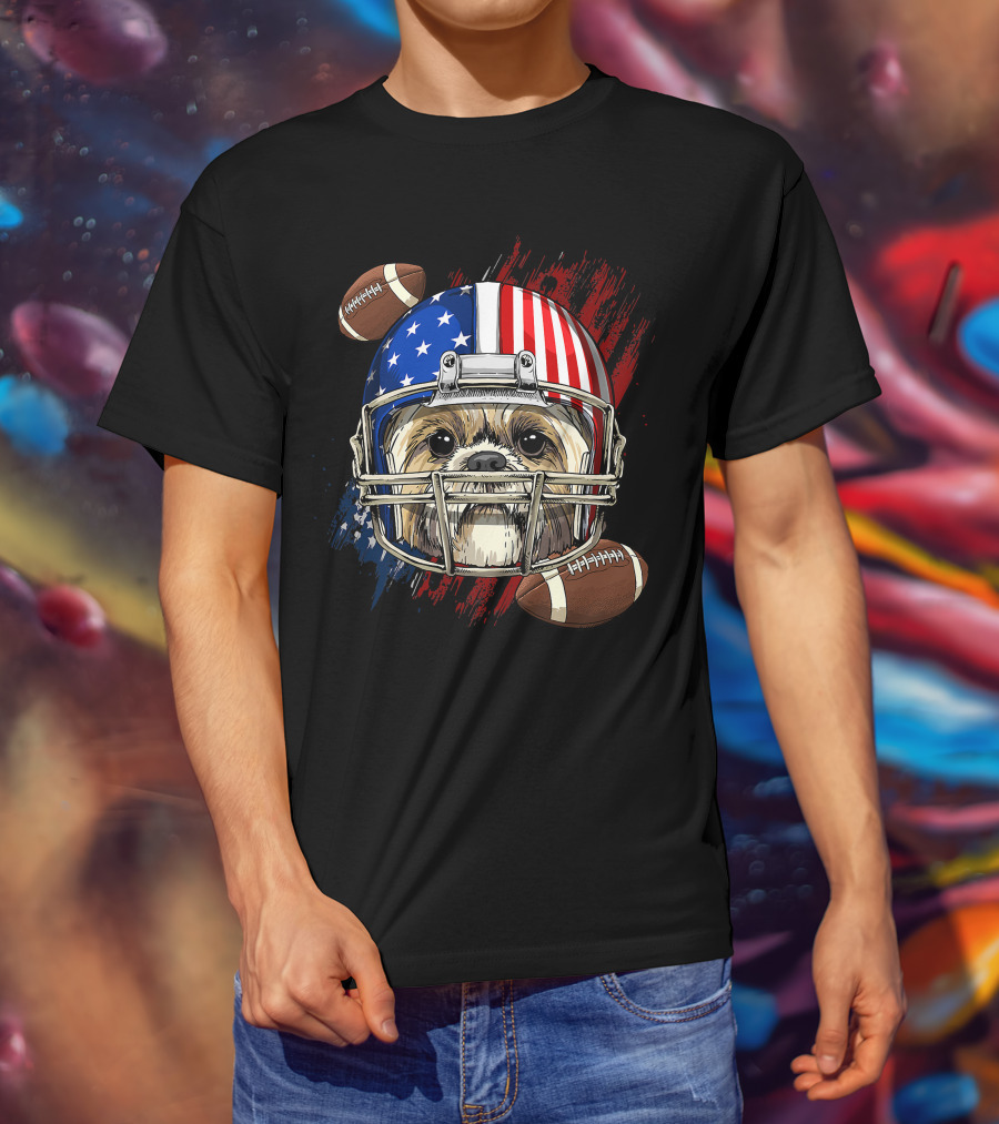 Shih Tzu In American Football Helmet With USA Flag And Footballs T-Shirt
