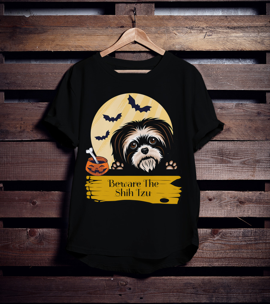 Beware The Shih Tzu Halloween Bats Moon Pumpkin T-Shirt